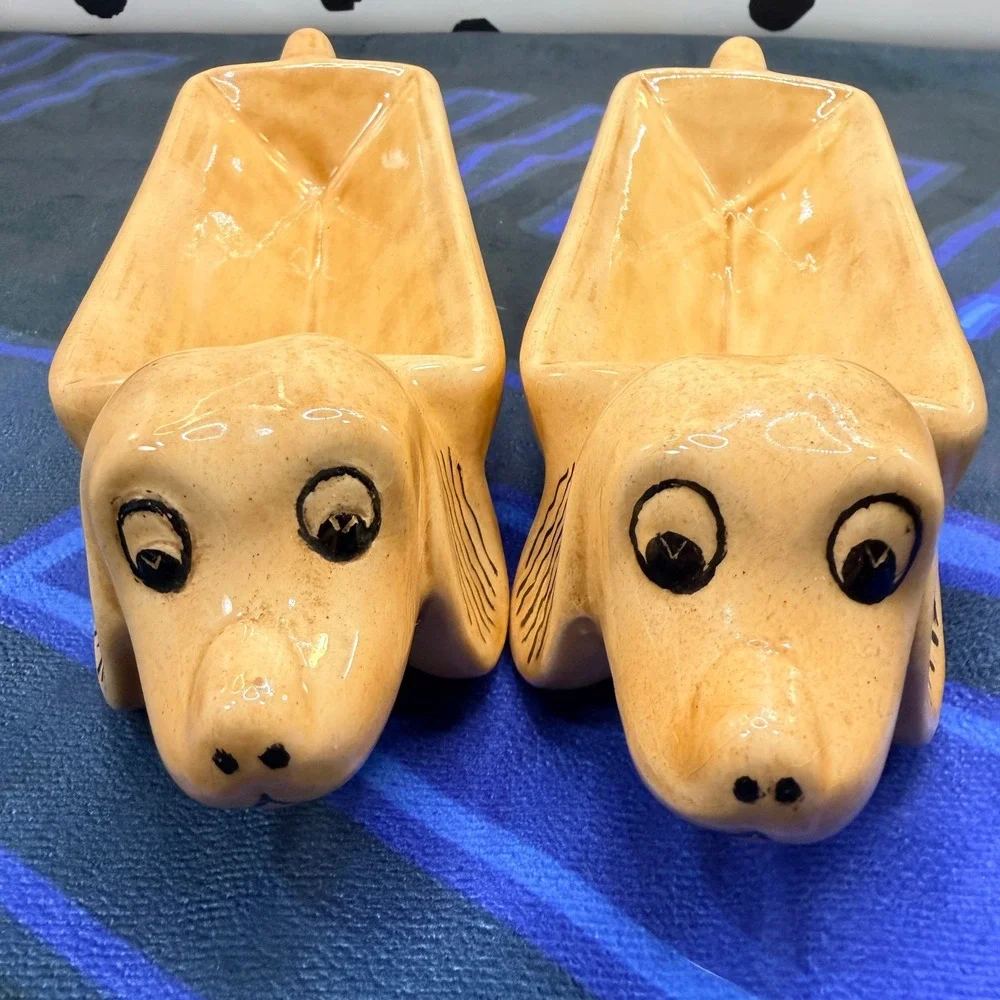 VTG Mid Century Ceramic Dachshund Corn Cob Holders Pair Yellow Wiener Dog Trays